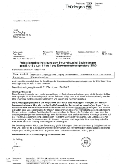 Freistellungsbescheinigung bei Giegling-Elektrotechnik in Gotha